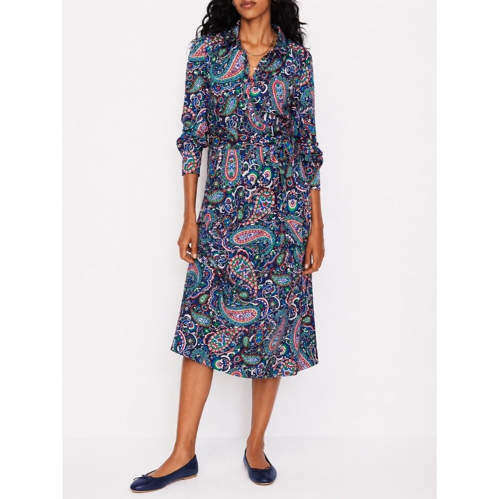 Boden Laura Paisley Shirt Dress Size UK 10R US 6R Navy Midi Belted Cotton Modal